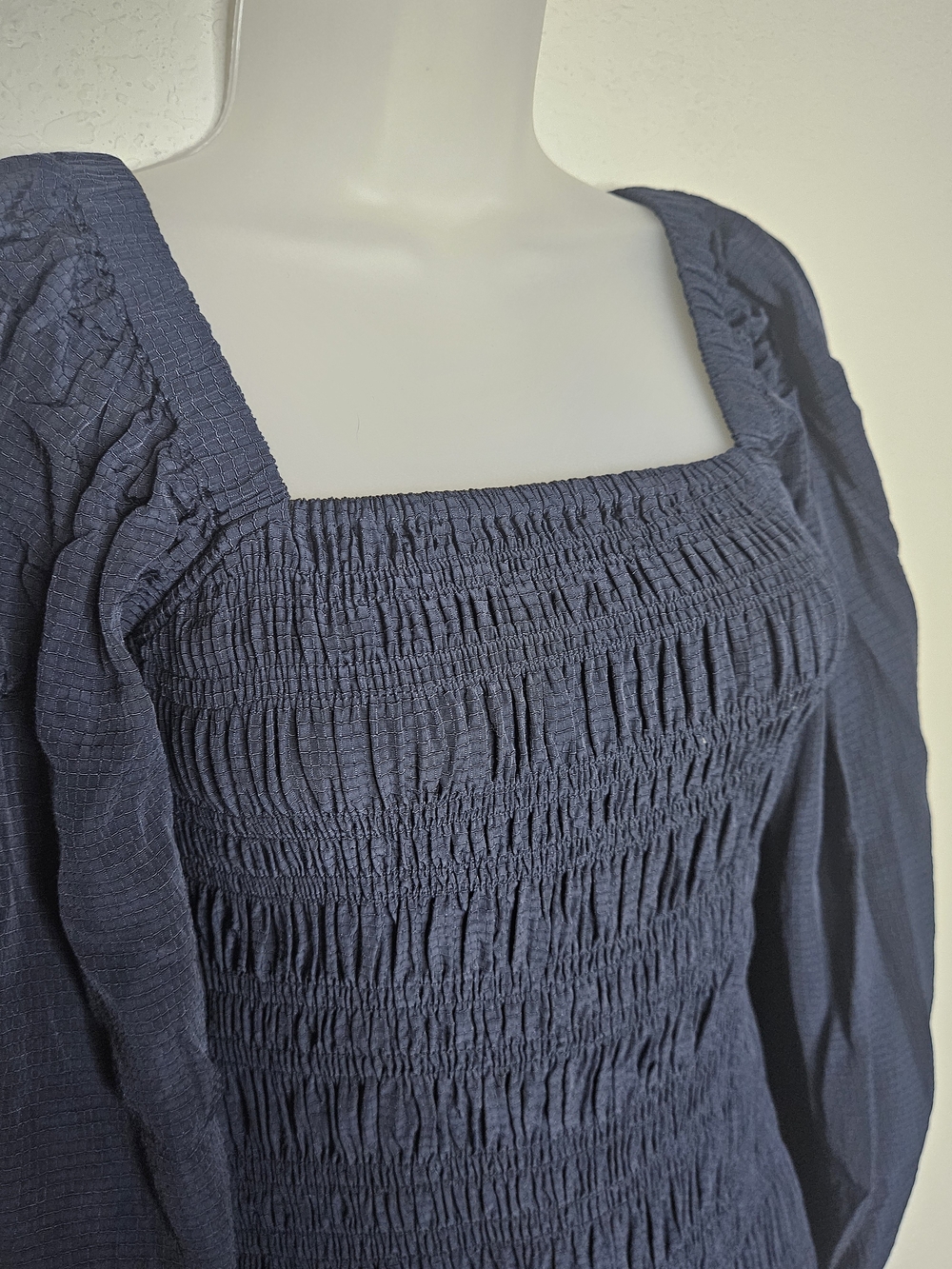 GANNI Ripstop Navy Smocked Mini Dress Puff Peasant Sleeve Square Neck SZ 34 US 4 - Picture 9 of 13